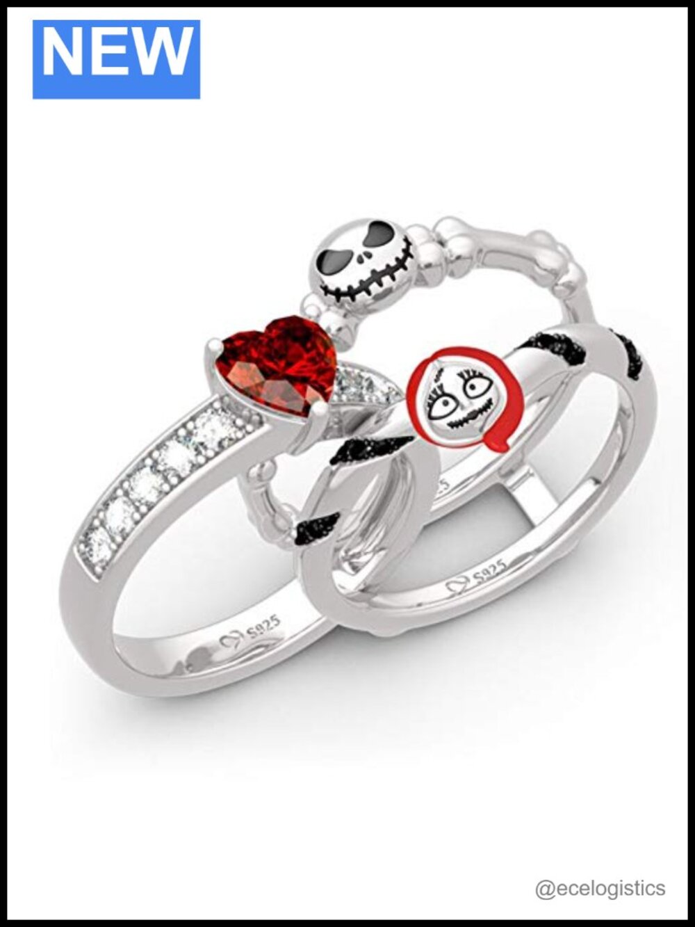 Sterling Silver Skull Couple Heart Cut Enhancer Ring Set Wedding Engagement